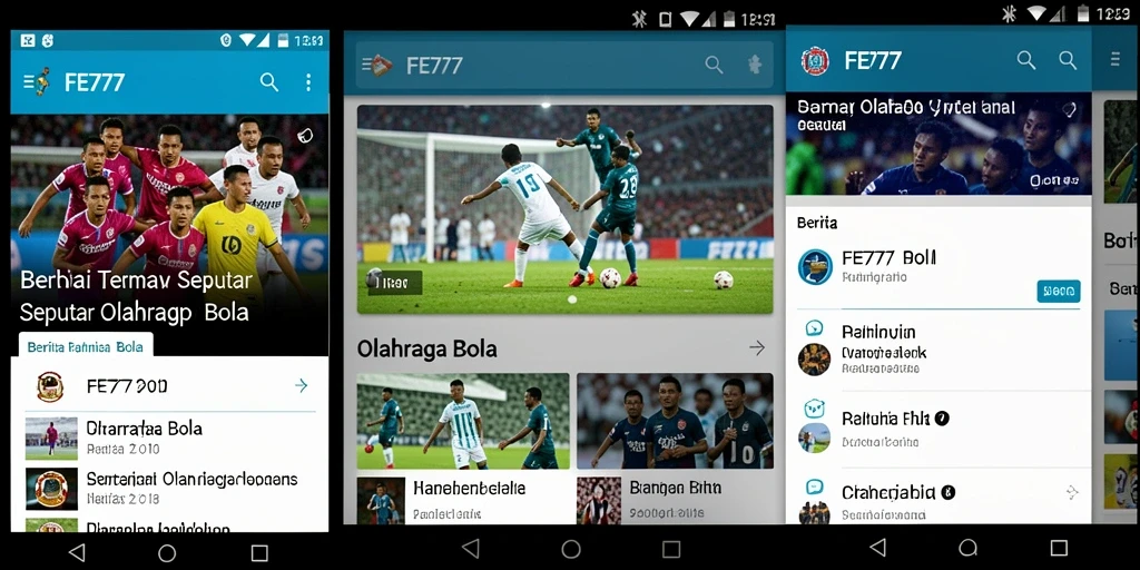 Antarmuka utama aplikasi FE777 menampilkan berita olahraga bola terbaru.