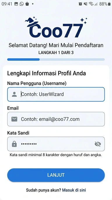 Tampilan halaman daftar coo77